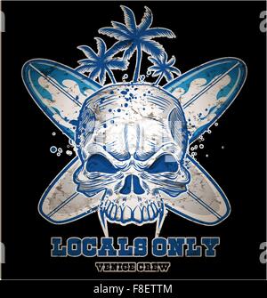 skull with  surfboard on black  background Stock Vector
