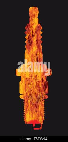 A spark plug in silhouette with flames over a black background Stock Vector