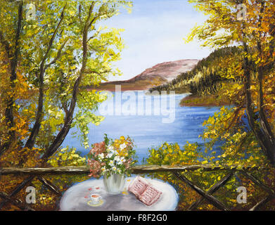 Original oil painting showing table with flowers and book infront of beautiful lake in the mountains on canvas.Spring landscape. Stock Photo