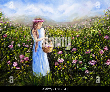 Original oil painting showing young woman or girl picking flowers in flower  field  on canvas.Modern Impressionism,modernism,mar Stock Photo