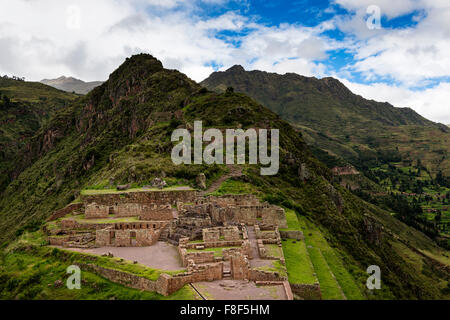 View of Inca Ruins near the town of Pisac in the Sacred Valley, Peru Stock Photo