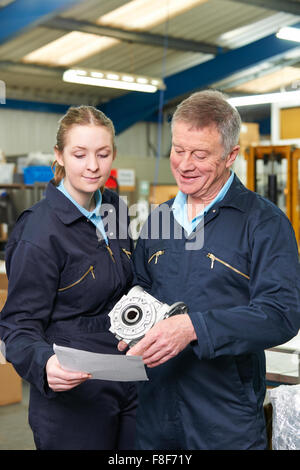 Engineer With Apprentice Looking At Component In Factory Stock Photo