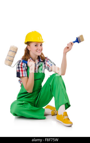 Female foreman with paint brush isolated on white Stock Photo