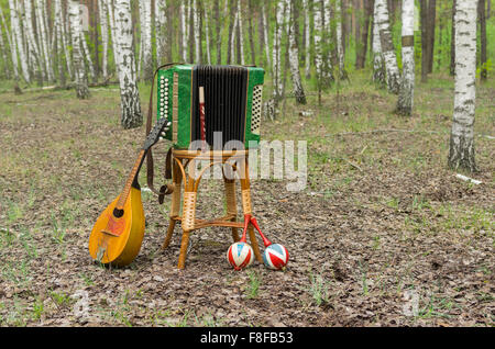 Garmonika, mandoline, maracas and fife having rest after an outdoor performance in a birch grove Stock Photo