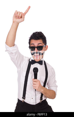 Funny man with mic isolated on white Stock Photo