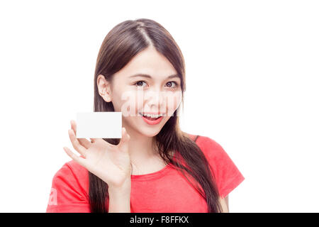 Chinese woman holding blank business card with space for text Stock Photo