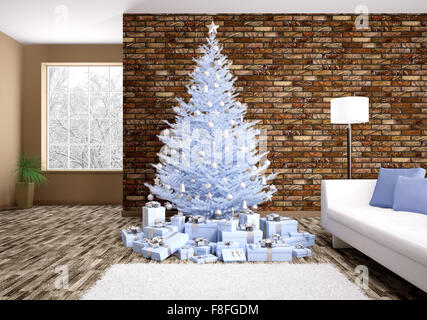Modern winter christmas interior with blue fir tree 3d rendering Stock Photo