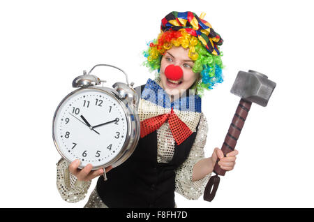 Female clown with alarm-clock and hammer isolated on white Stock Photo