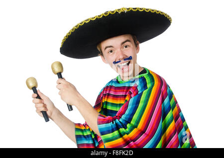 Funny young mexican shaking maracas isolated on white Stock Photo