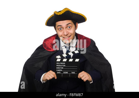 Young pirate holding clapperboard isolated on white Stock Photo