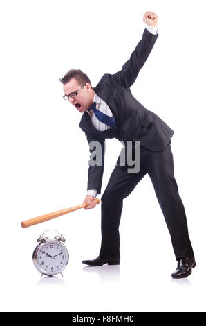 Man hitting the clock with baseball bat isolated on the white Stock Photo