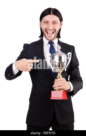 Businessman awarded with prize cup isolated on white Stock Photo