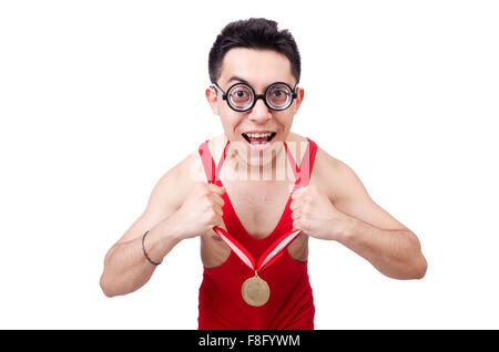 Funny wrestler with winners gold medal Stock Photo