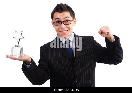 Funny guy receiving award on white Stock Photo