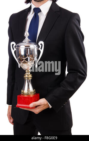 Businessman awarded with prize cup isolated on white Stock Photo
