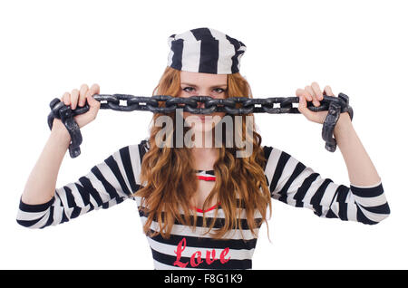 Prisoner in striped uniform on white Stock Photo