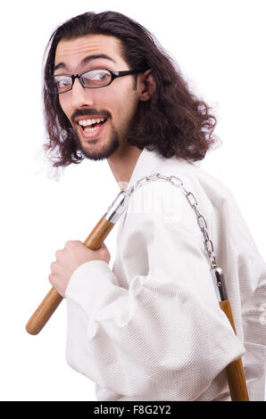 Karate man with nunchucks isolated on white Stock Photo