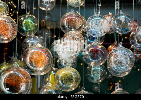 Handmade Christmas tree decorations for sale at the Christmas market in Bremgarten, Aargau, Switzerland. Stock Photo