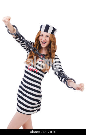 Prisoner in striped uniform on white Stock Photo