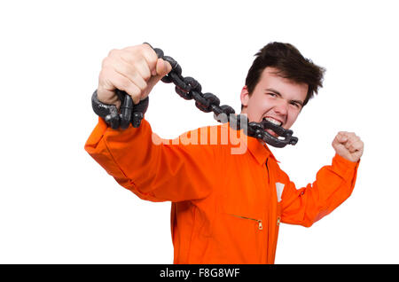 Young inmate with chains isolated on the white Stock Photo