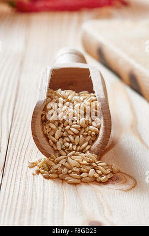 Brown rice on spoon placed on light wooden table Stock Photo