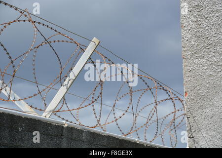 Rusted razor wire tops a wall at the Robben Island prison off of Cape Town South Africa Stock Photo