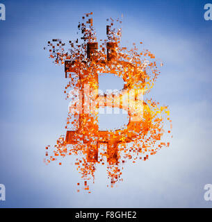 Pixelated bitcoin symbol in sky Stock Photo