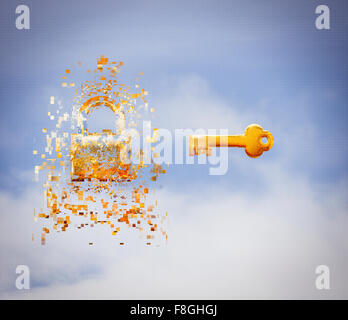 Key and pixelated padlock in sky Stock Photo