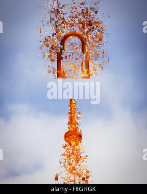 Pixelated key and padlock in sky Stock Photo