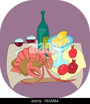Lobster with wine, lemon and pomegranates still life with enjoy your meal tagline flat vector illustration Stock Vector
