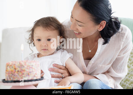 Mother and baby daughter celebrating birthday Stock Photo