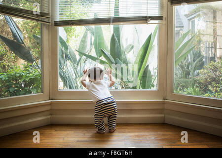 Baby boy looking out window Stock Photo