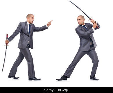 Two men figthing with the sword isolated on white Stock Photo