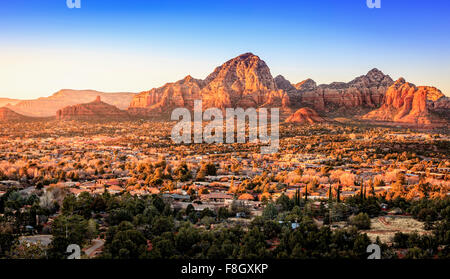 Birds eye view to the city of Sedona, Arizona and the Red Rocks at sunset Stock Photo