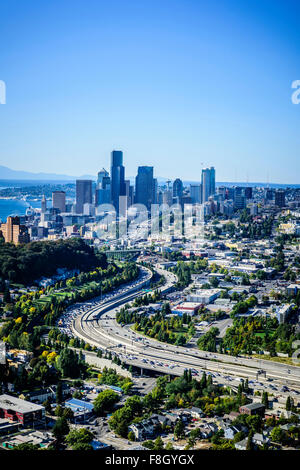 Aerial view of highway and Seattle cityscape, Washington, United States Stock Photo