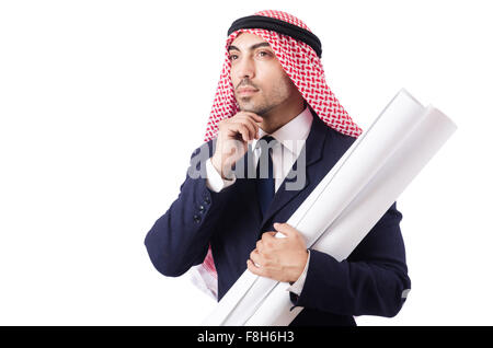 Arab engineer with drawings on white Stock Photo