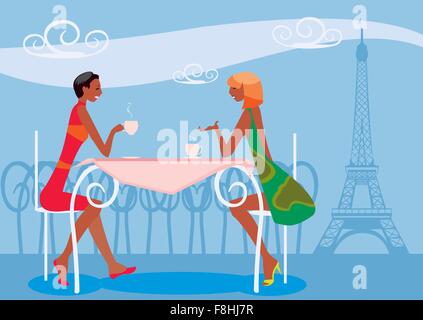 vector image of women drinking coffee in cafe in Paris near Eiffel Tower Stock Vector
