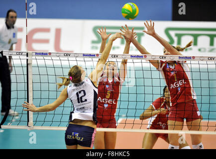 From left to right Francesca Piccinini of Casalmaggiore, Kathleen Weissova of Prostejov and Quinta Steenbergen of Casalmaggiore in action during the Women's Volleyball Champions League 4th round, group C match VK Agel Prostejov vs Casalmaggiore, played in Prostejov, Czech Republic, December 9, 2015. (CTK Photo/Dalibor Gluck) Stock Photo