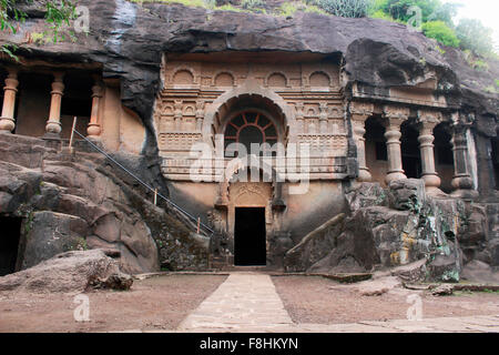 Cave 18 : Façade of chaitya of Pandavleni Cave. Contains beautiful carvings and stupa. Nasik, Maharashtra, India. Inscription on Stock Photo