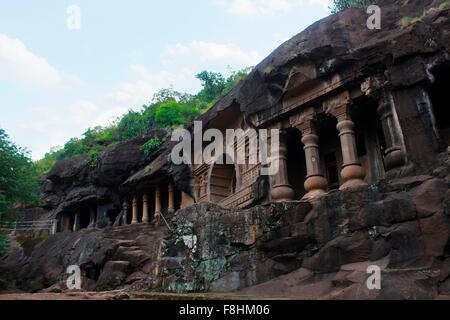 Cave 18 : Façade of chaitya of Pandavleni Cave. Contains beautiful carvings and stupa. Nasik, Maharashtra, India. Stock Photo