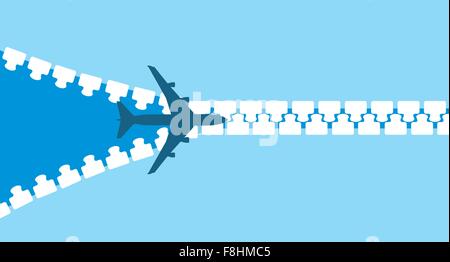 vector image of white silhouette of jet airplane opening zip, isolated on blue Stock Vector