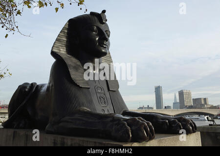 Sphinx statue, the mythological Egyptian creature that stands by Cleopatra's Needle, on Victoria Embankment in London, UK. Stock Photo