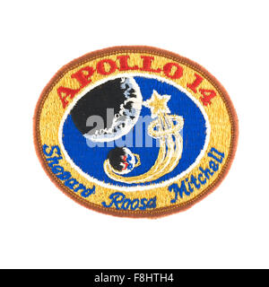 Apollo 14 Mission Badge from the NASA Moon landing with Astronaut's Shepard Roosa Mitchell on a white background Stock Photo