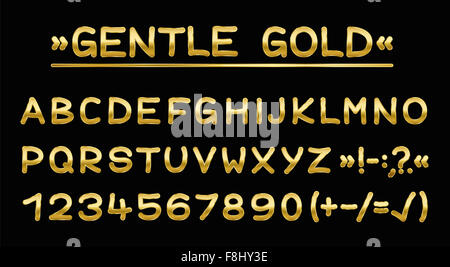 Golden capital letters - rounded font - illustration on black background. Stock Photo