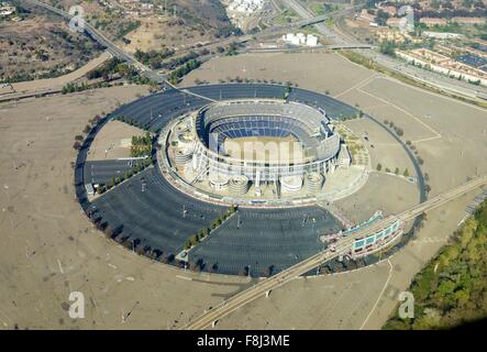 Aerial view of Qualcomm Stadium, San Diego in Southern California, United States of America and trolley line. A stadium used for Stock Photo