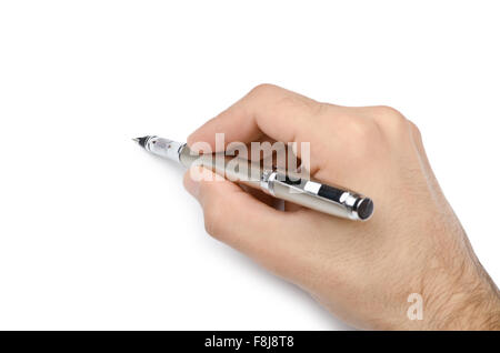 Hand with pen writing on white Stock Photo