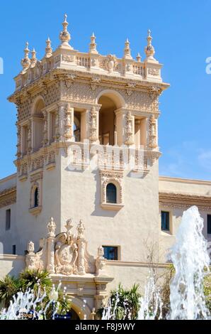 The tower of the historic landmark Casa Del Orado, decorated with carved baroque wall of spanish colonial architecture, located Stock Photo