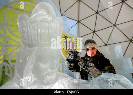 Spindleruv Mlyn, Czech Republic. 10th Dec, 2015. Sculptor Jakub Vlcek works on ice statue of Charles IV in ice park in Spindleruv Mlyn, Krkonose Mountains, Czech Republic, on December 10, 2015. Credit:  David Tanecek/CTK Photo/Alamy Live News Stock Photo