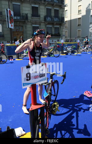 Team GB Olympian Lucy Hall prepares for the bike leg at the European Triathlon Championships 2015 in Geneva. Stock Photo