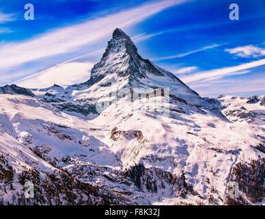 Elevated view of snow covered Matterhorn, Zermatt, Switzerland Stock Photo